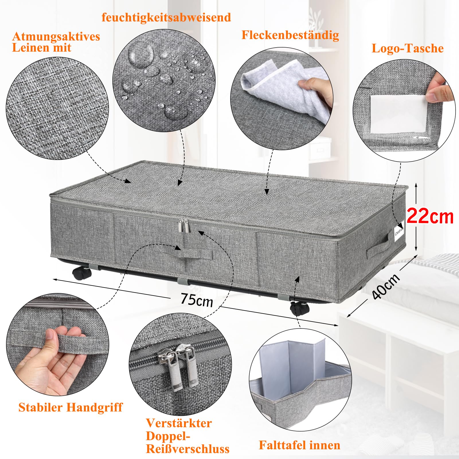 JUPELI 2 cassetti sotto il letto con ruote, 50 l, pieghevole, scatola portaoggetti, cassettiera, cassetti con supporto da pavimento in metallo