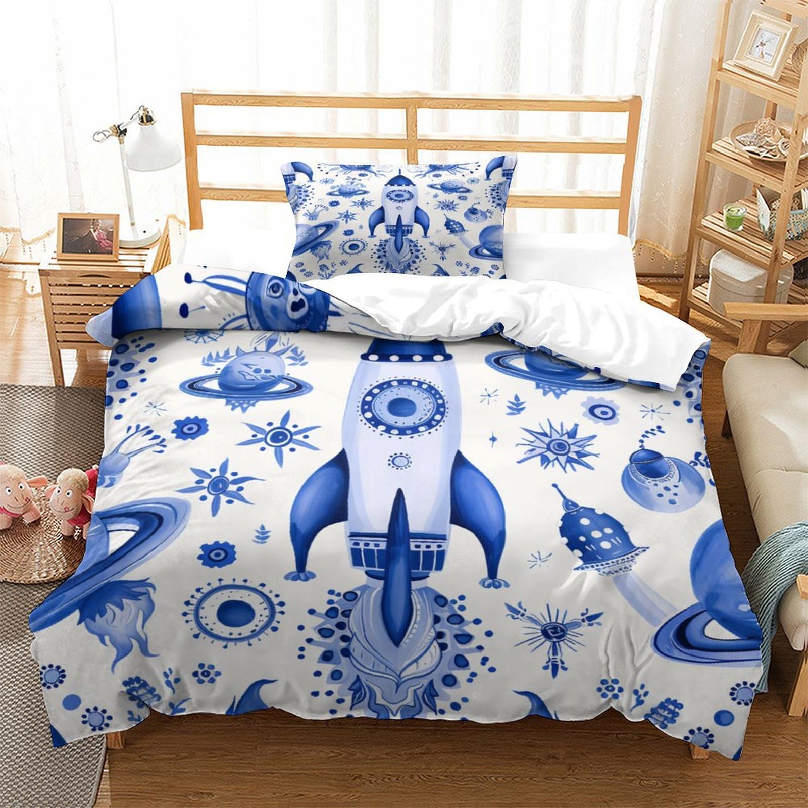 P1s9u7w5y Aircraft-6 Space Theme 3D Printed Rocket Duvet Cover Set 3Pcs Microfiber Galaxy Bedding Set Single（135X200cm）