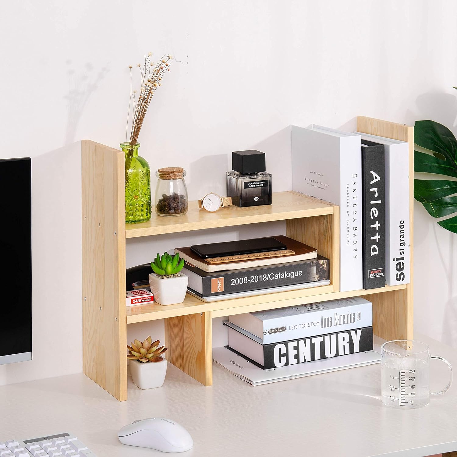 VERGOODR Desktop Organizer Office Storage Rack Adjustable Natural Wood Display Book Shelf Stand Rack Wood Caddy Desk Organizer Set Office Storage Expandable Tabletop