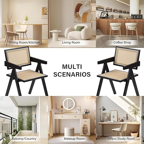 Miniatura 9 de Juego de 2 sillas de comedor de ratán, sillas de comedor modernas de mediados de siglo con brazos, sillas de bambú para exteriores, para dormitorio,