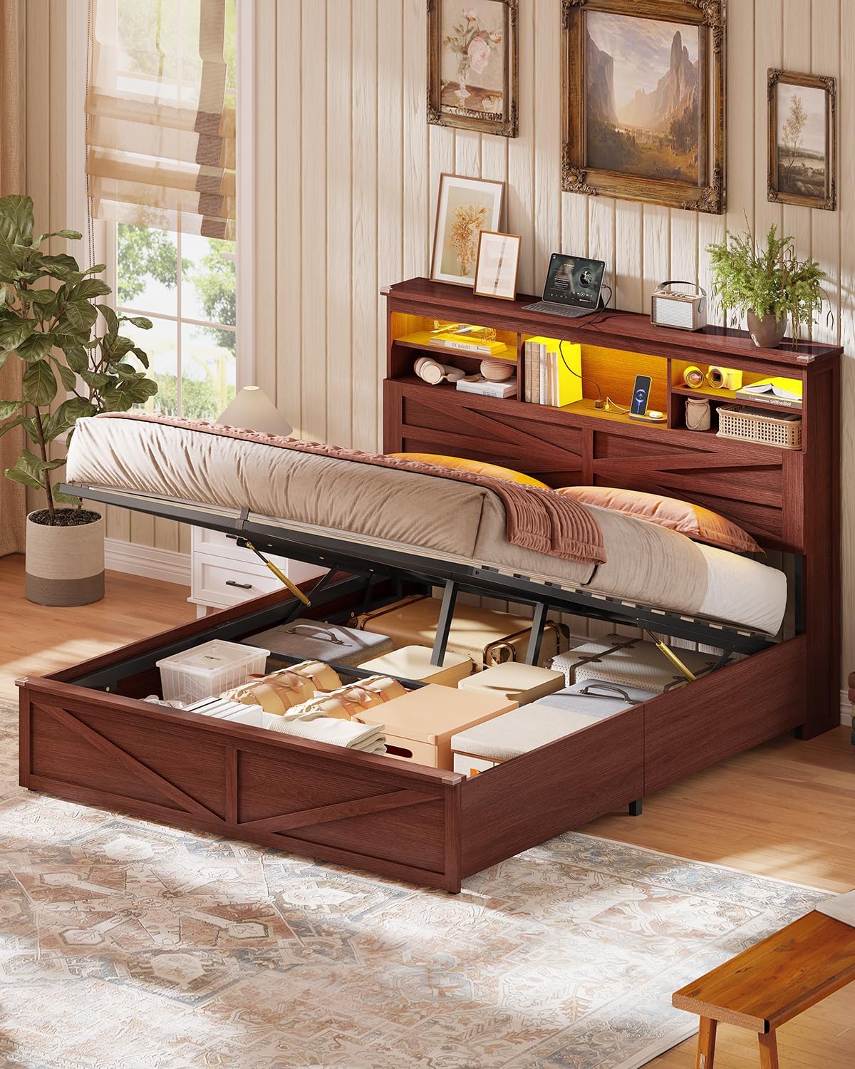 AOGLLATI Farmhouse Bed Frame Queen Size with Lift Up Storage & Hidden Bookcase Storage Headboard, Wooden Queen Bed Frame with Charging Station, Led Lights, No Box Spring Needed, Brown
