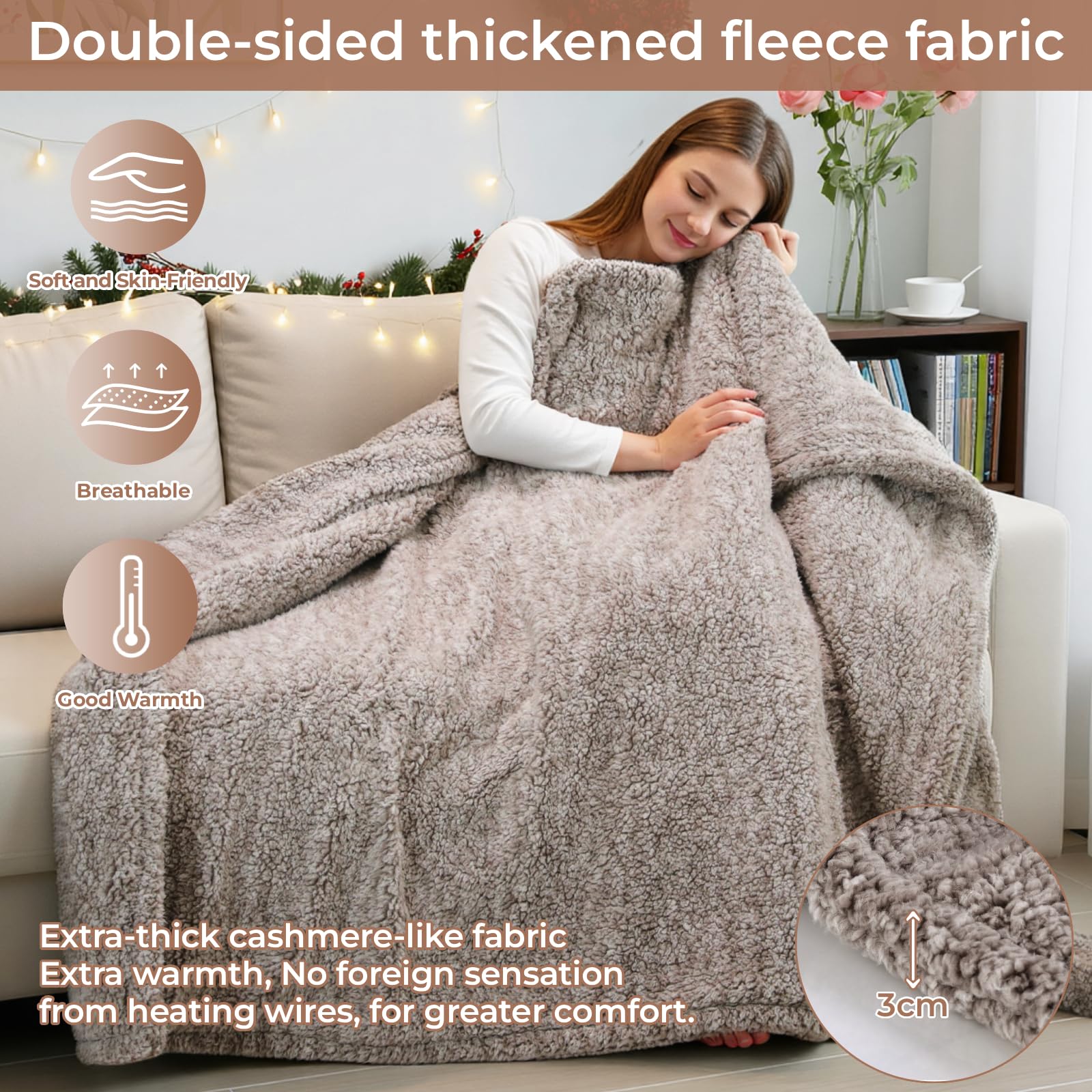 TLGREEN Heizdecke 180x130 cm, Flauschig elektrische Wärmedecke Lammfell-Look mit Abschaltautomatik, Reversibel, Überhitzungsschutz, Timer, 9 Temperaturstufen, Waschbar, Kuscheldecke für Sofa Bett Büro