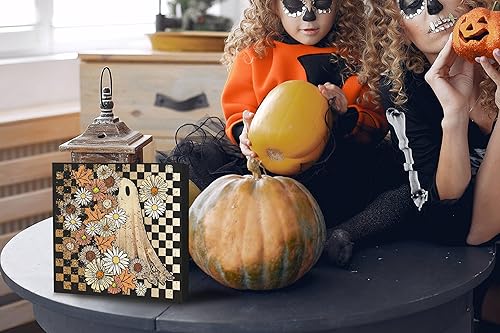 Miniatura 3 de KEUSPI Letrero de madera retro de los años 70 con diseño floral de fantasma, decoración de escritorio de Halloween, margarita de otoño, hoja de Grid