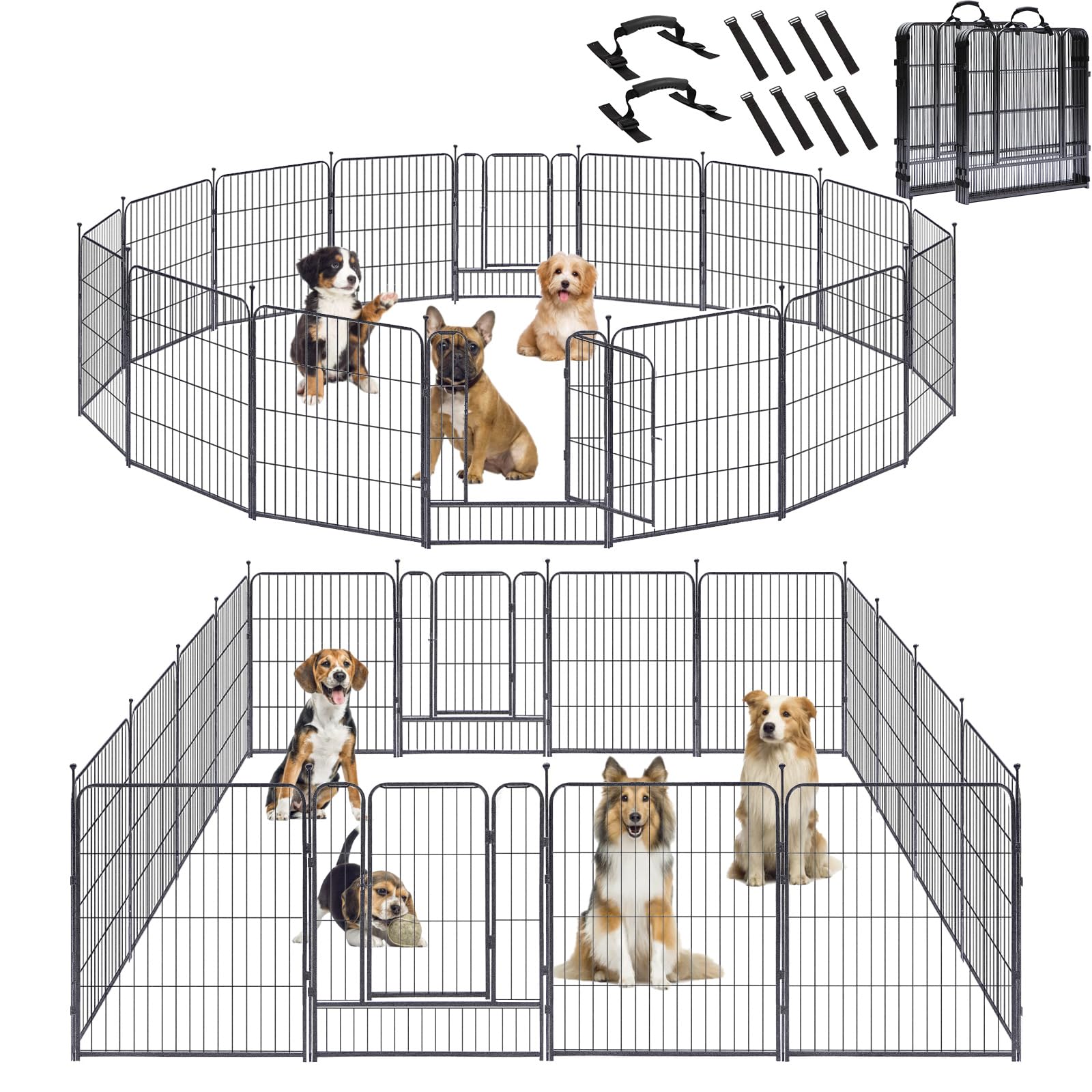 KOOPRO Dog Playpen Indoor, Dog Fence Outdoor for Yard 32" Height Heavy Duty Metal Puppy Play Pen Rustproof with Doors for Small/Medium/Large Dogs Portable Exercise Pet Fence for RV Camping, 16 Panels