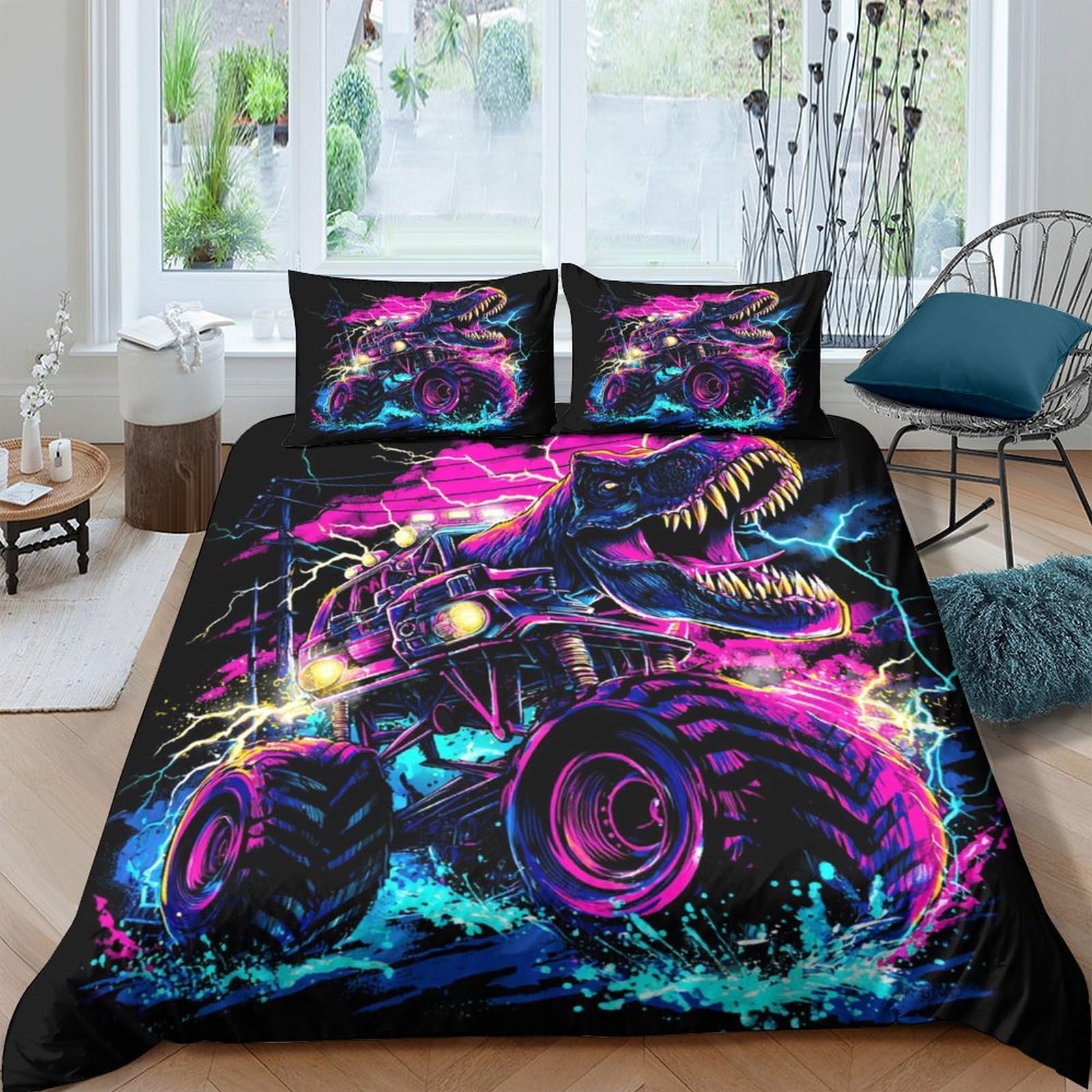 Ctjqhvkz Style-5 3D Printed Neon Monster Truck Fitted Sheet Microfiber Soft Vibrant Dinosaur Bed Cover For Bedroom Dorm Mattress Decor Single（135X200cm）