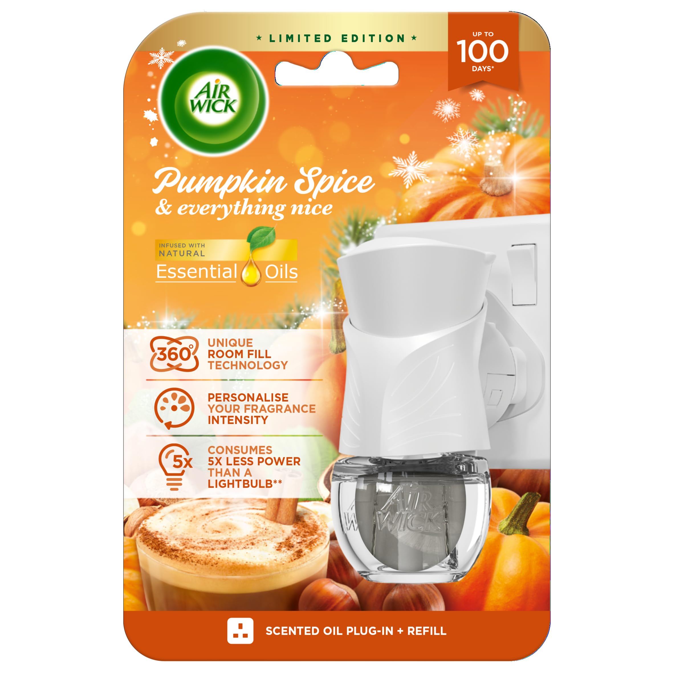 Air Wick Pumpkin Spice & Everything Nice|Electrical Plug in Kit Gadget and Refill | 1 x 19ml | Infused with Natural Essential Oils