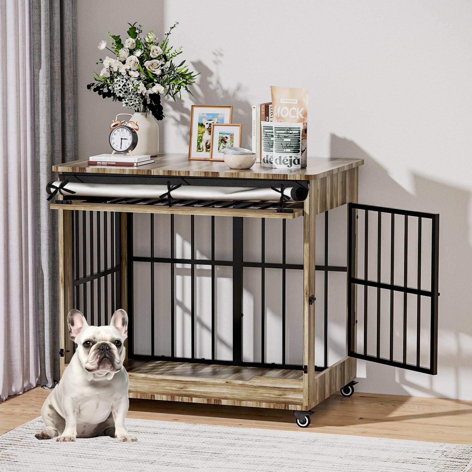 38" Dog Crate Furniture, Double Door Wooden Indoor Dog Kennel Furniture, Decorative Pet Cage End Table with Wheels for Large and Medium Breed Dogs, Size L, Greige