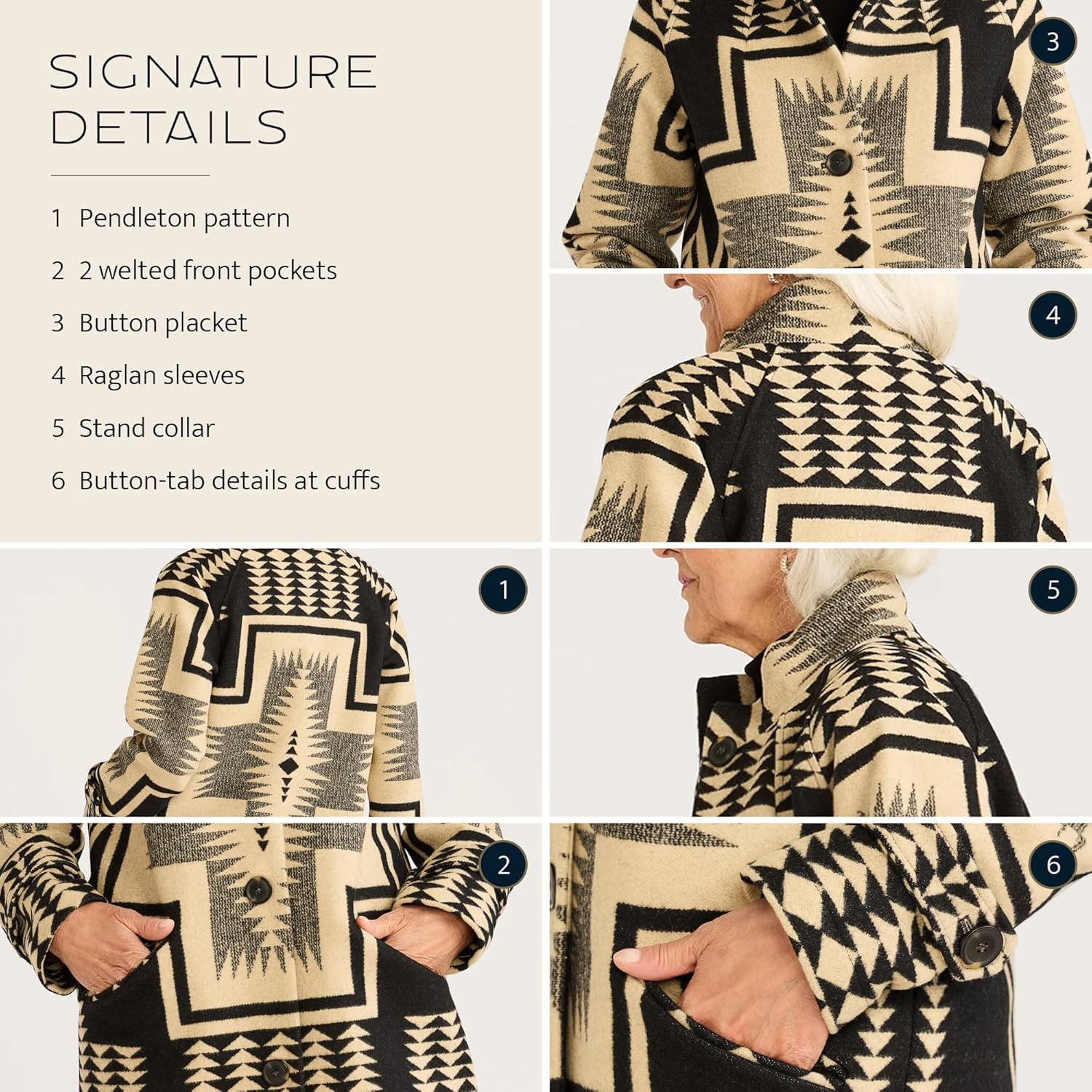 Pendleton Women's Timberline Wool Coat, Blanket-Weight Long Coat with Raglan Sleeves, Front Pockets, Button-Tab Cuff, Unlined with Taped Seams, Dry Clean, Made in USA - Black/Tan Harding