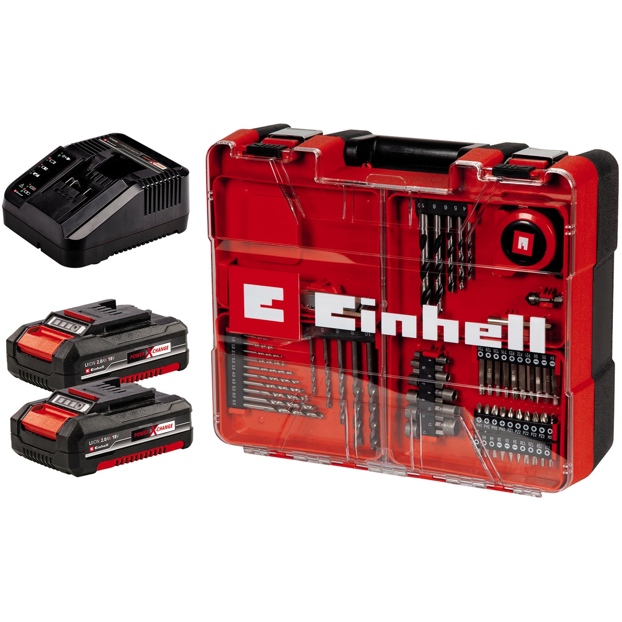 Akumulatorowa wiertarko-wkrętarka Einhell TE-CD 18/2 Li +64 (2x2,0 Ah) Power X-Change (18 V, 44 Nm, 2-bieg. przekładnia, w tym 2x 2,0 Ah akumulator, szybka ładowarka i 64-cz. zestaw akcesoriów)