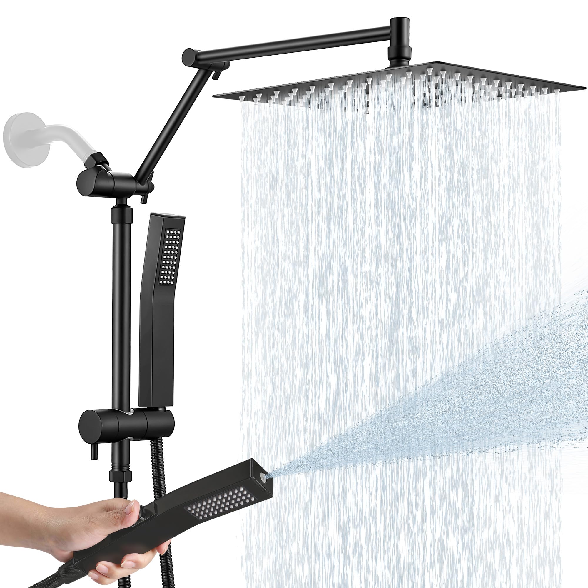 Photo 1 of All Metal 10 Inch Rain Shower Head with Handheld Spray Combo, High Pressure Waterfall Rainfall Square Shower Heads with 16" Adjustable Extension Arm, Dual Showerhead with 3-Way Diverter, Matte Black