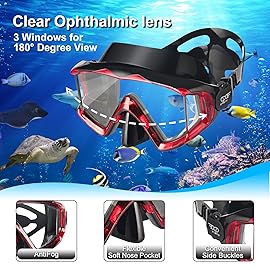 Snorkel Set Pano 3 Window Adult Snorkeling Gear, Professional Snorkel Goggles Anti-Fog Diving Mask, Anti-Leak Swim Goggles and Dry Top Snorkel for Diving, Snorkeling, Swimming (Red)
