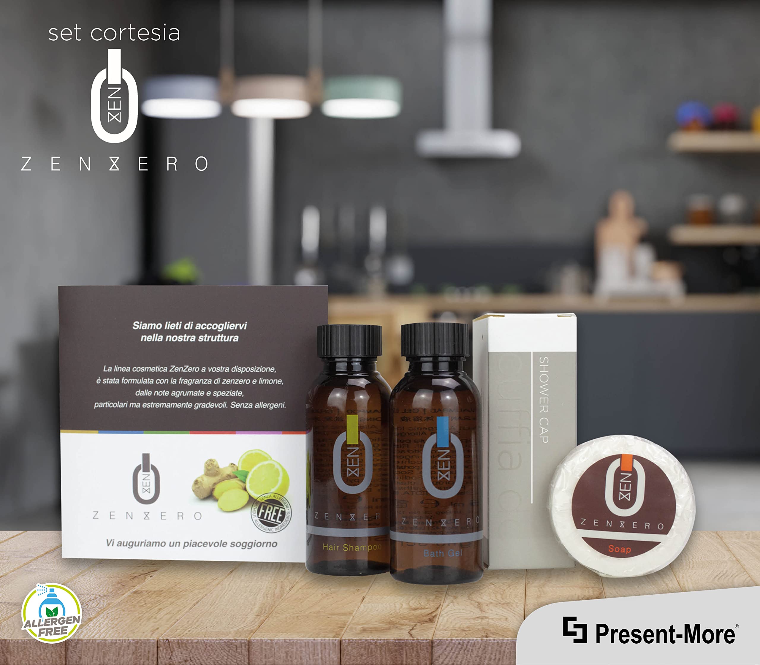 Present-More Amenities Kit Zenzero - Toilettenartikel 20 Gäste für Hotels und B&B | Allergenfreie Amenities Kit mit Duftnote Ingwer und Zitrone