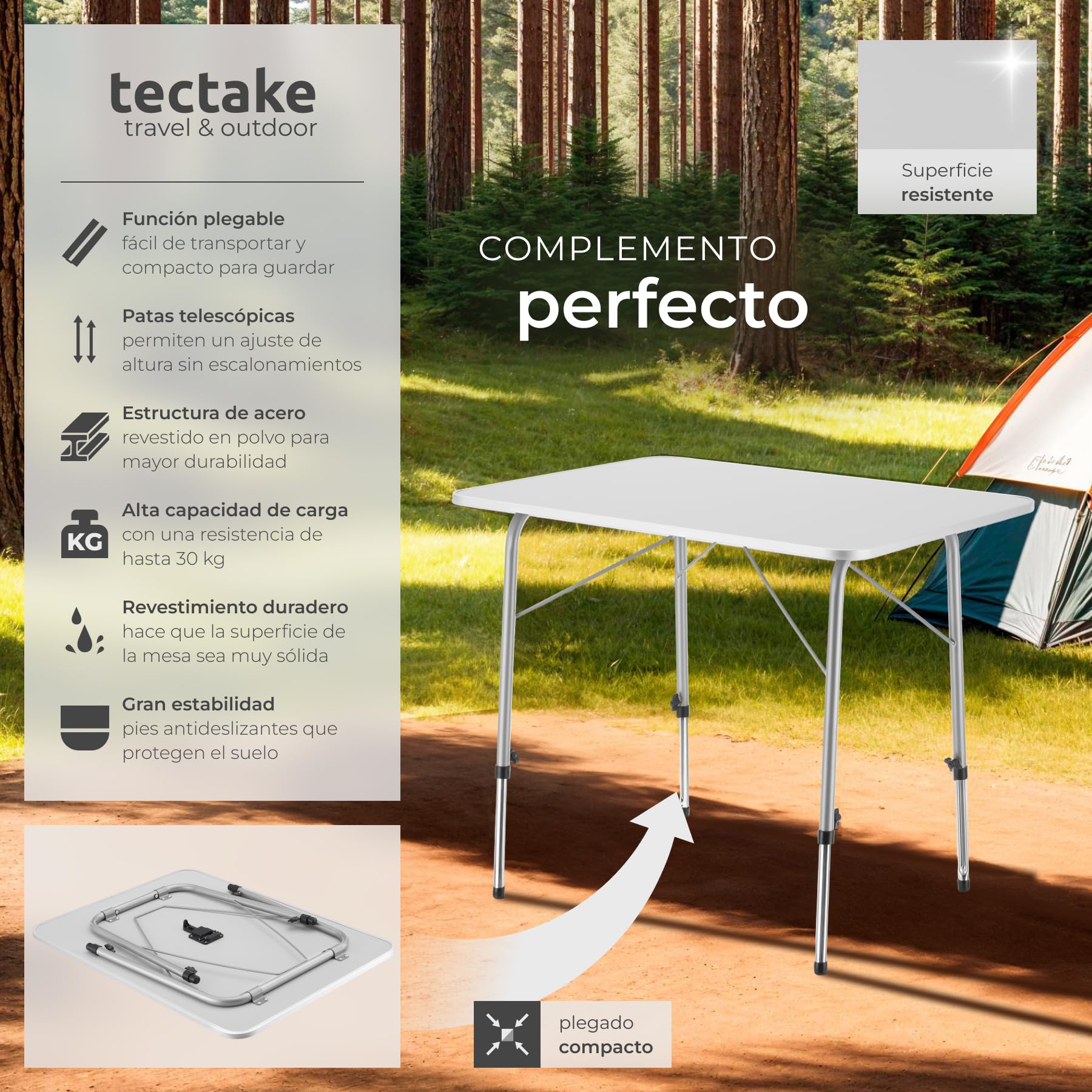 tectake® Mesa Plegable, Mesa Camping Plegable con Altura Ajustable, Mesa Jardín Exterior con Bordes de Aluminio, Tablero MDF, Fácil Limpieza, Ideal Acampadas, Jardín, Terraza, Picnic, 80x60x68cm