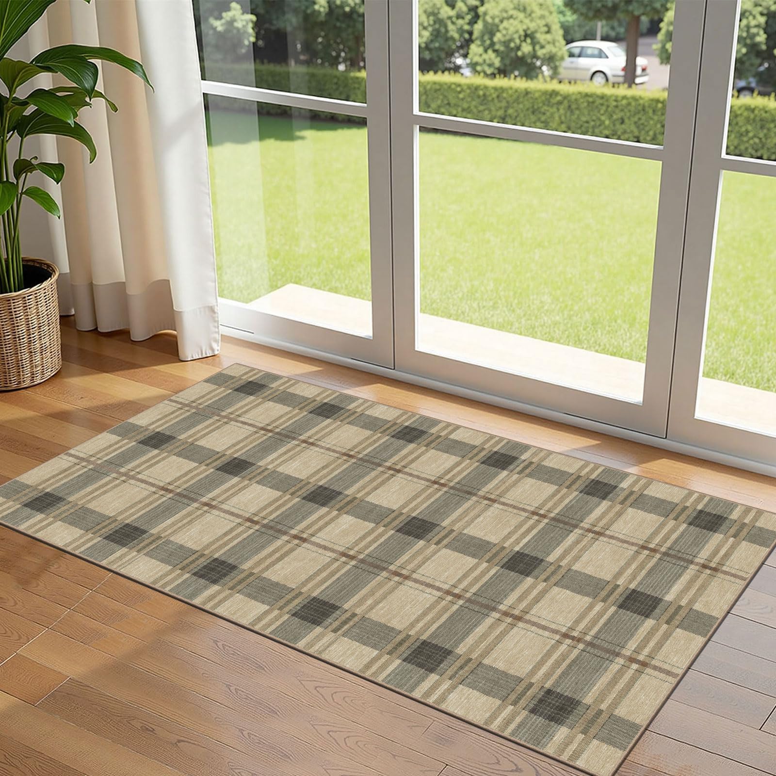 Othilic Front Door Mat Indoor Entrance - 2x4.3 Taupe Beige Tartan Plaid Rug — image 1
