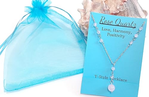 Miniatura 2 de Natural Crystal Bead Rose Quartz Y Shaped Lariat Necklace Non-Tarnish Steel Chain