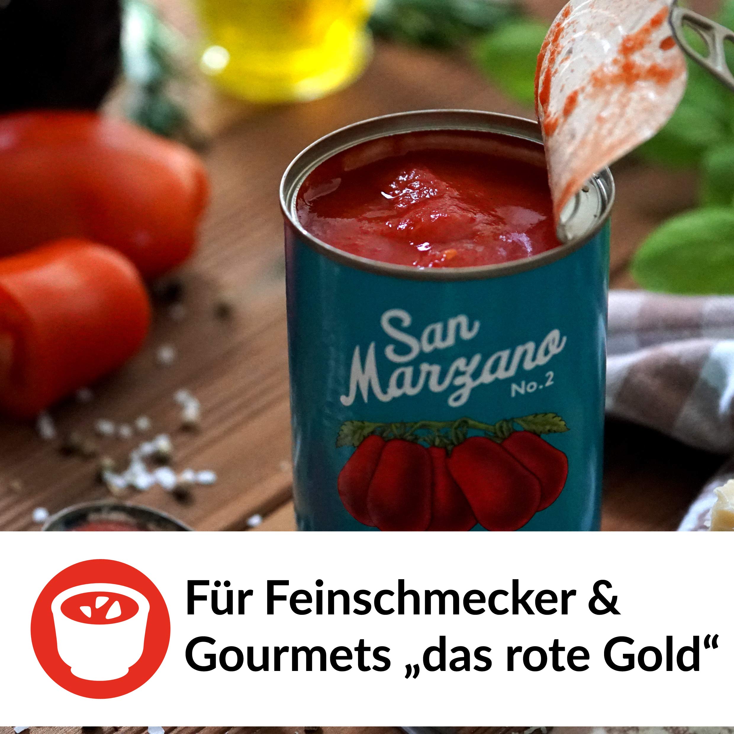 DELICRET - 6x 400g - San Marzano Tomate aus Kampanien"Das rote Gold" | Ganze, geschälte Tomaten im eigenen Saft | +GRATIS DELICRET Oma Rezepte | Zutaten je Dose: Tomaten (65%), Tomatensaft)