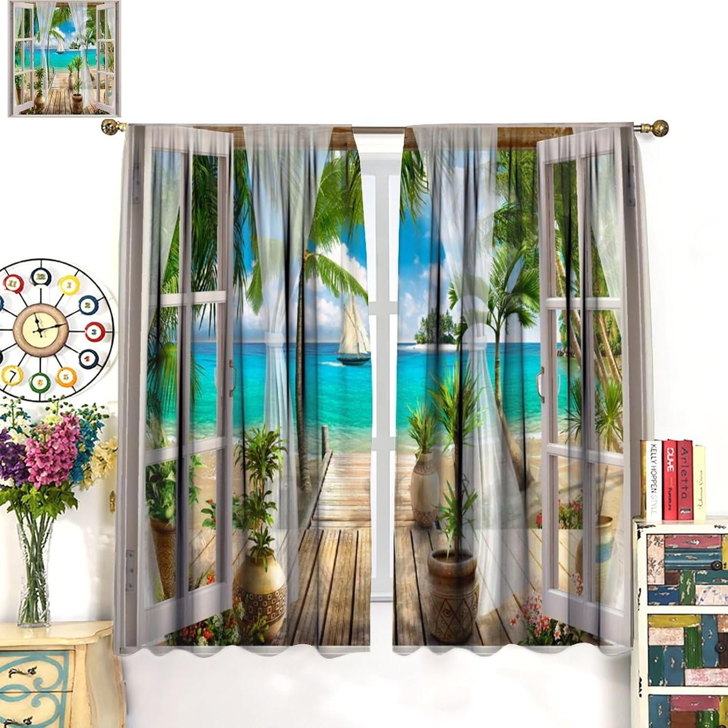 Beach Palm Tree Blackout Curtains，Ocean Tropical Island Tropical Drapes for Bedroom Living Room Window Darkening Curtain Set 2 Panels,42x45 Inches