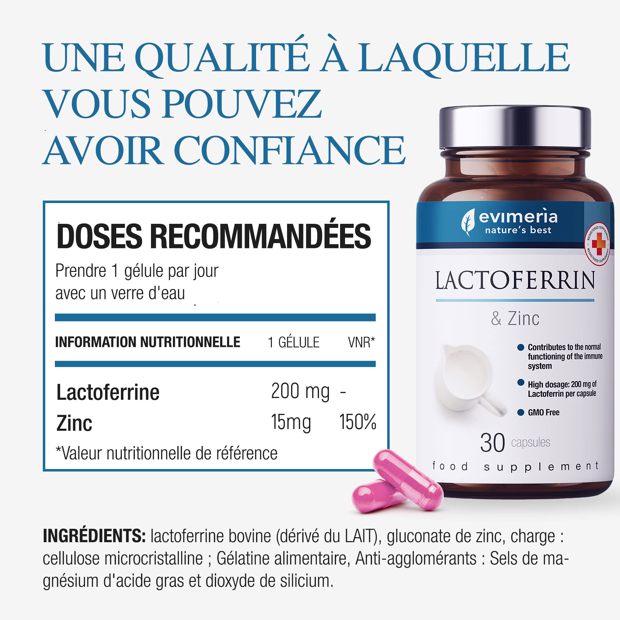 EVIMERIA Lattoferrine pure 200 mg et zinc | Contribue à renforcer le système immunitaire | Complément de défense immunitaire | Lattoferrine complémentaire | Stimule les défenses immunitaires Lot de 2