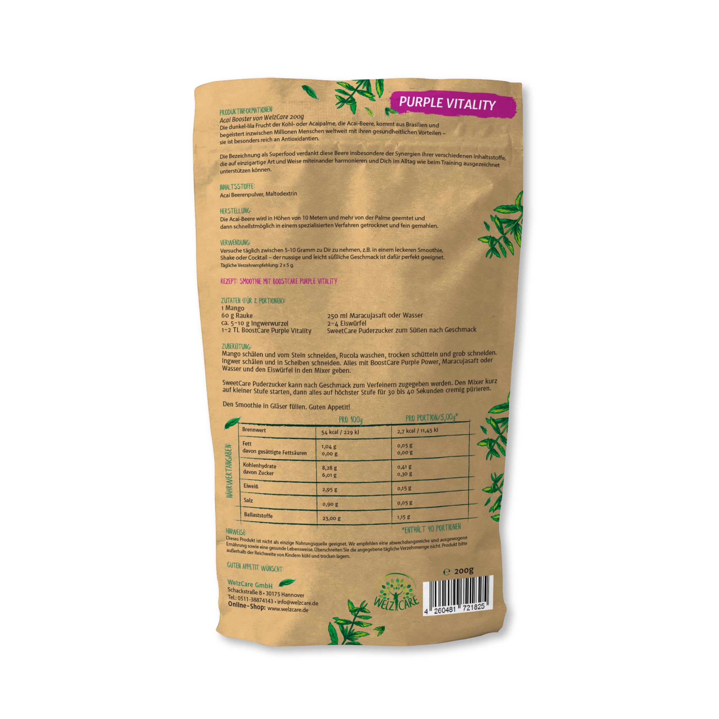 WelzCare BoostCare Purple Vitality Acai Pulver 600 g – feines Acai Beerenpulver für Acai Bowl, Smoothie, Joghurt, Porridge & kreative Rezepte – vegan