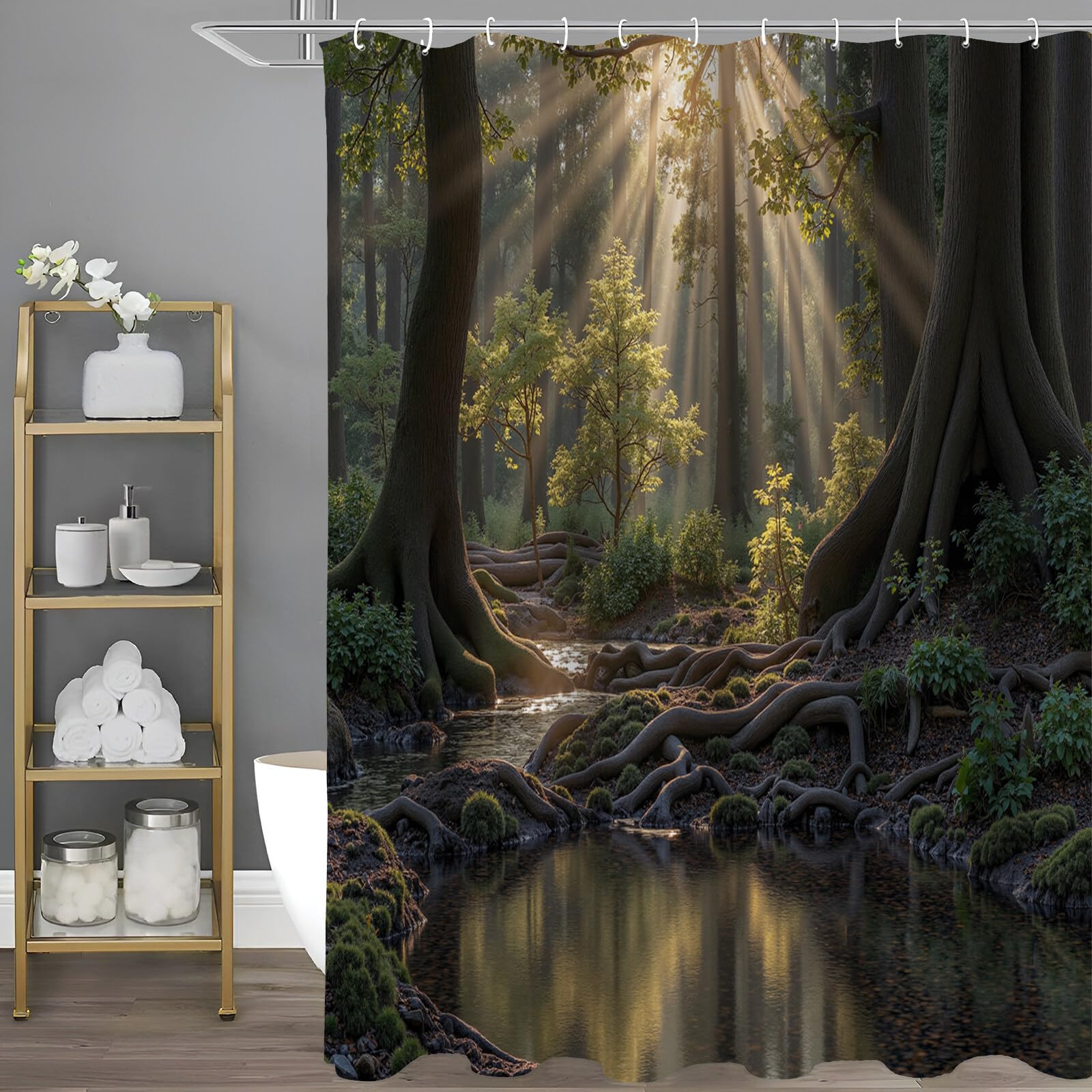Rideau Douche,Rideau Baignoire Lavable en Machine Rideaux Douche Tissus Lavable Rideau De Baignoire Lavable pour Salle De Bain Domicile Baignoire Famille,Ruisseau Forestier,