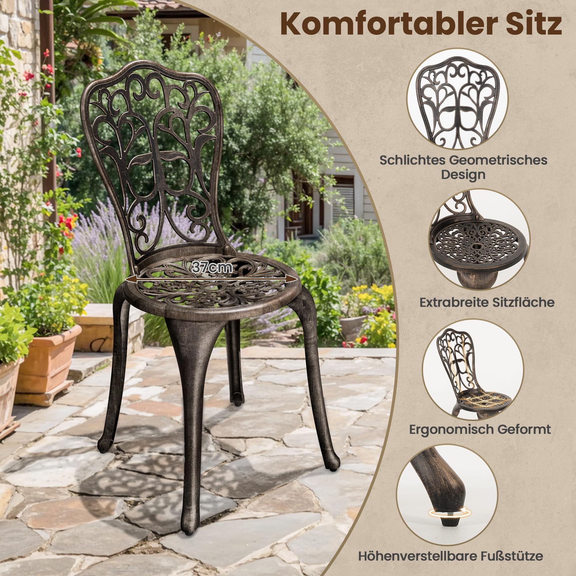 Pamapic Bistro Set 3-teilig, Bistrotisch mit 2 Stühlen & Schirmloch mit Sonnenschirmloch, Aluminium Gartenmöbel Set, Balkonmöbel Set für Terrasse, Veranda, Garten, Bronze