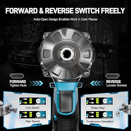 Miniatura 5 de GEVEELIFE Llave de impacto de 520 pies de libras (700 N.m) sin escobillas, pistola de impacto de 1/2 con batería de 2 x 4.0 Ah, llave de impacto