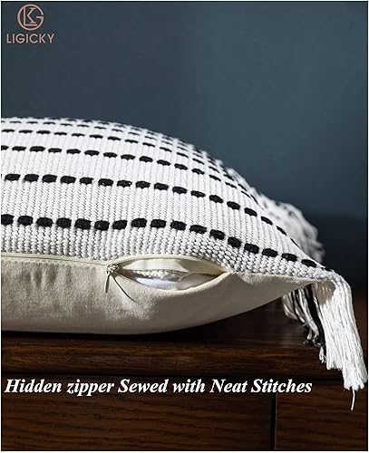 Miniatura 6 de LIGICKY Fundas de almohada decorativas para el hogar, estilo bohemio, con borlas, cuadradas, de algodón, a rayas, para sofá, dormitorio, sala de