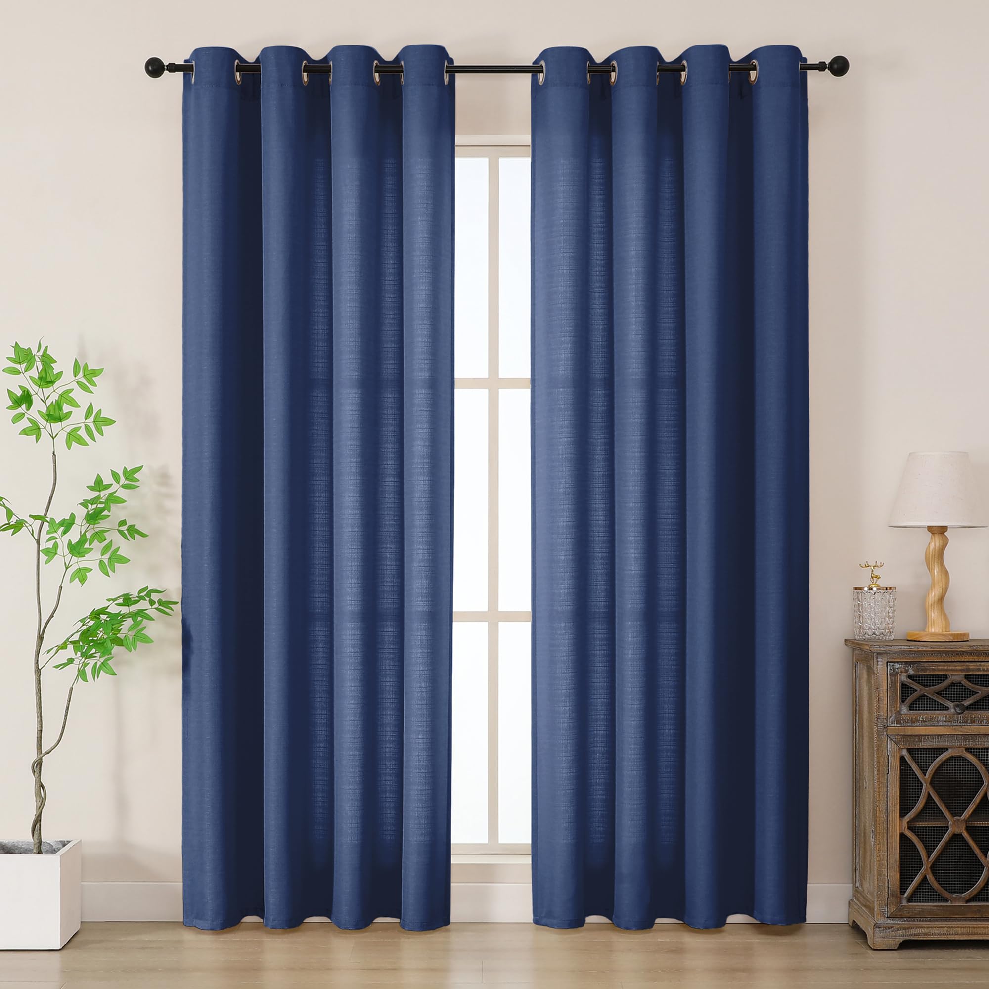 Simplebrand Blue Faux Linen Texture Curtain 200 CM Drop, Privacy Curtain for Living Room/Bedroom/Patio Door, Lightweight Semi Translucent Panels with Elegant Eyelet Top, Set of 2, W140 x H 200 CM