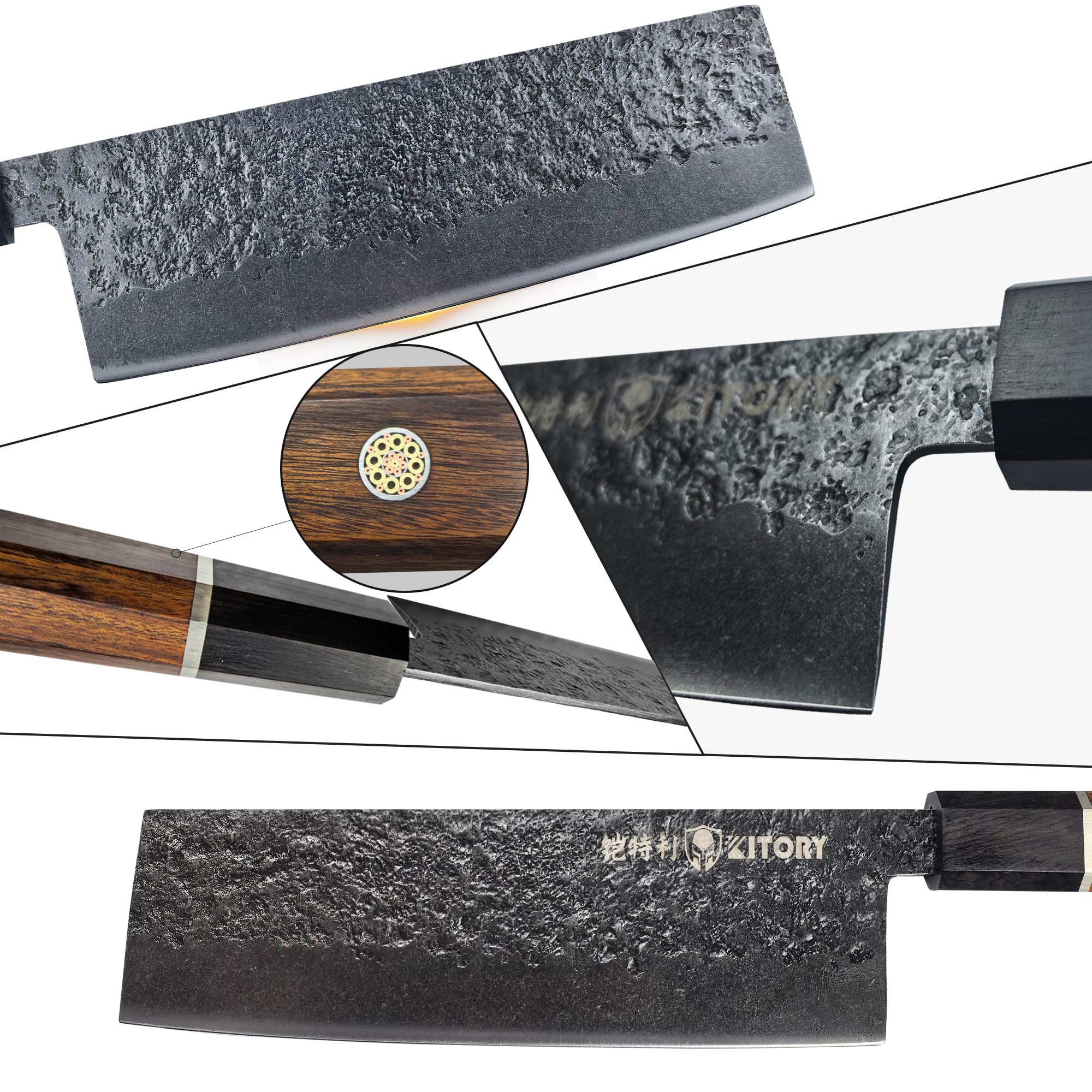 Kitory Cuchillo para verduras japonés Nakiri & Usuba 16,5 cm – Cuchillo de cocina profesional afilado con mango elegante de madera negra y remate de goma roja