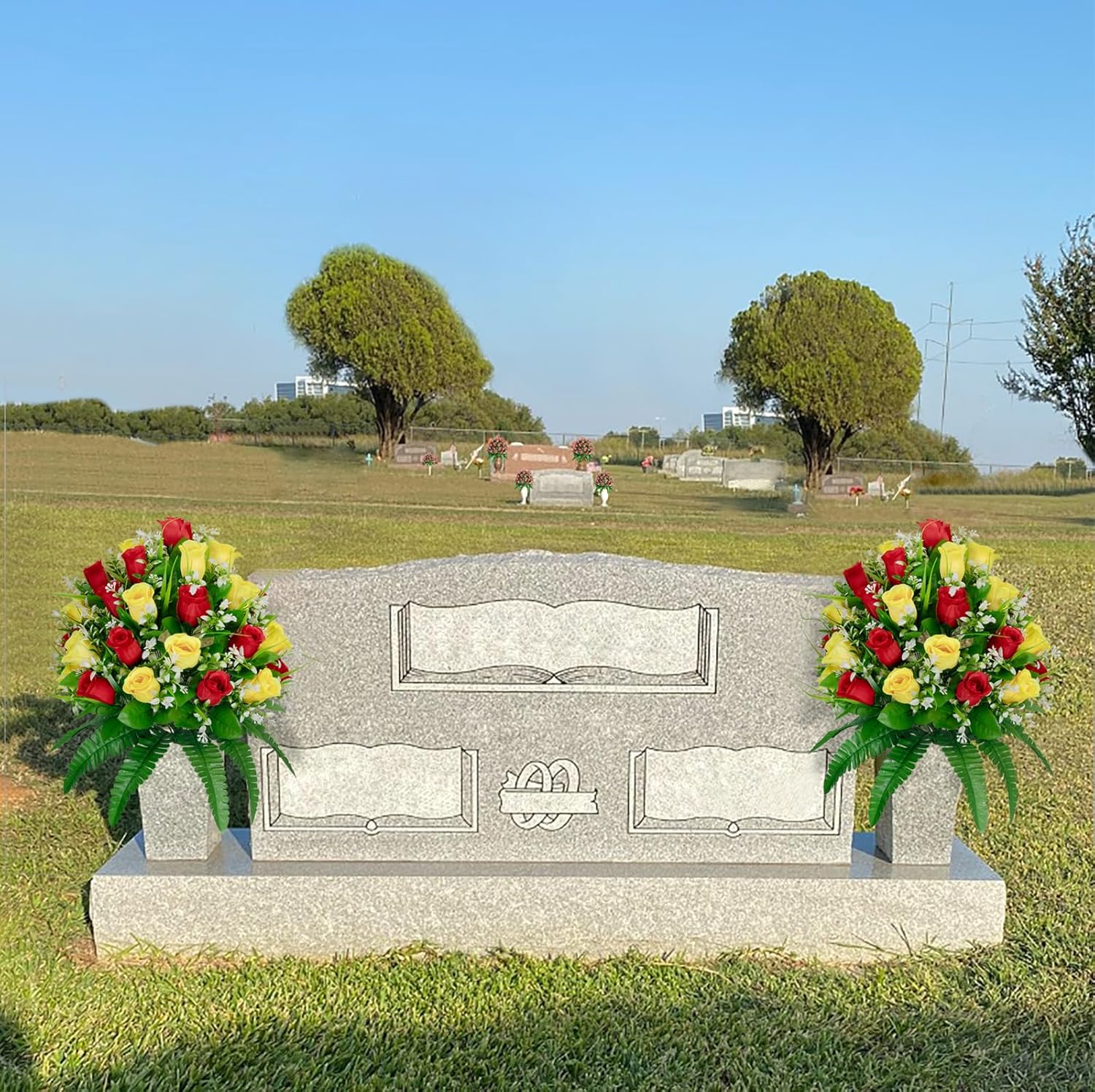 MOOMASS 2 Sets Artificial Cemetery Flowers, Yellow and Red Realistic Roses Bouquet, Outdoor Grave Decorations with Non-Bleed Colors, Accompanied by 2 Long Nail Vases (Yellow+Red)
