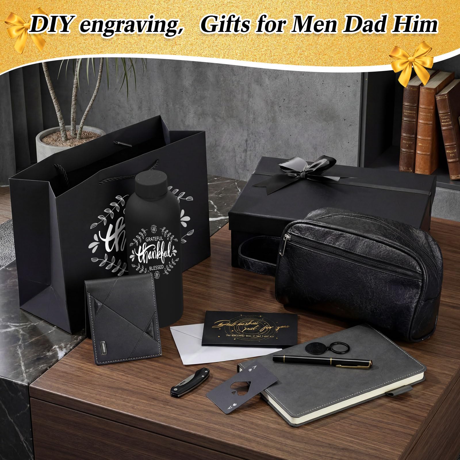 Mimorou 13 Pcs Gift Sets for Men, Thank You Gift Baskets 16.9 oz Sports Water Bottle & Leather Toiletry Bag with Wallet Knife, Birthday Fathers Day Care Package for Dad, Husband