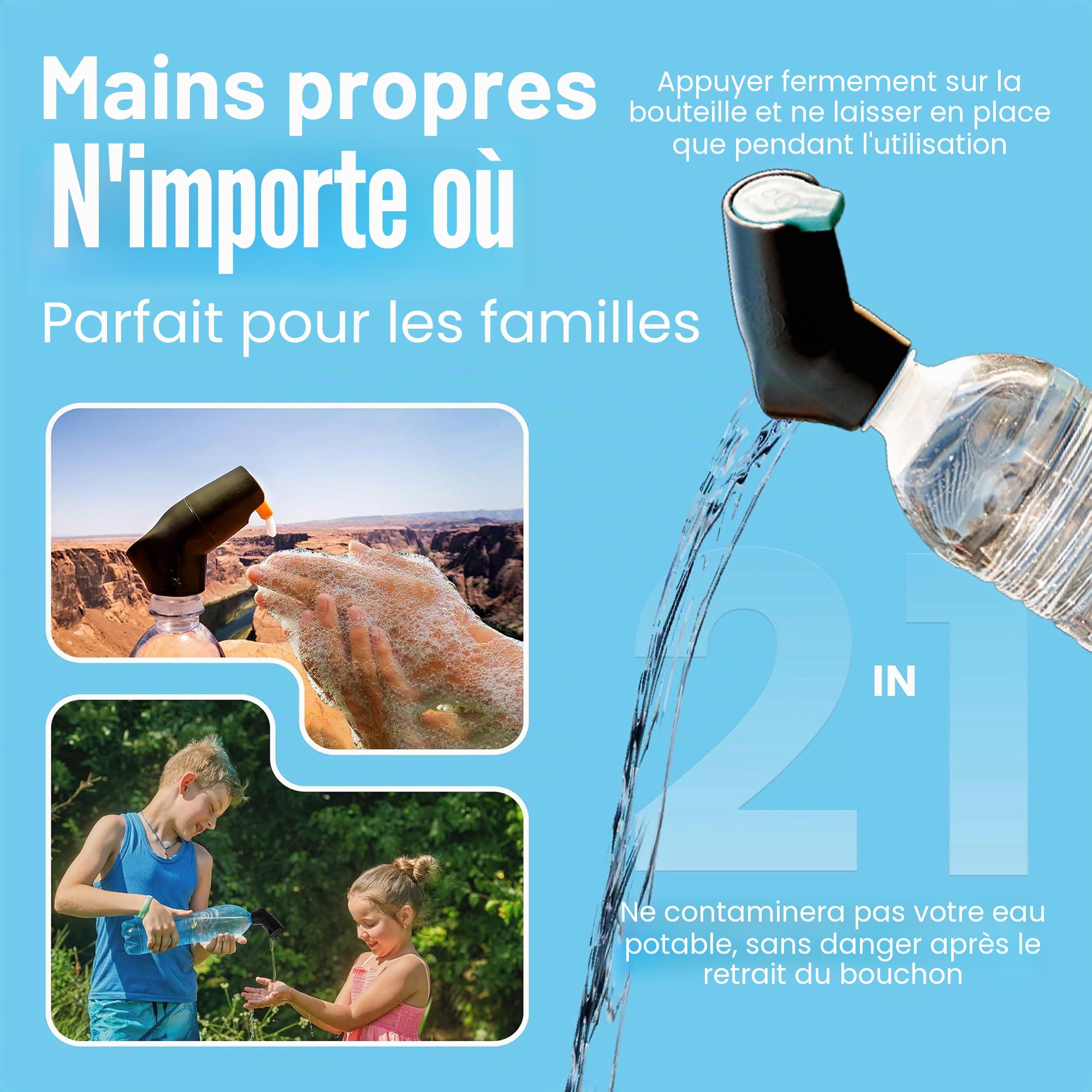 Suds2Go Lot de 2 Bouchons Rechargeables – Ajustement Universel Qui transforme la Plupart des Bouteilles d'eau jetables en Station de Lavage des Mains – Comprend Un réservoir de Savon Rechargeable –