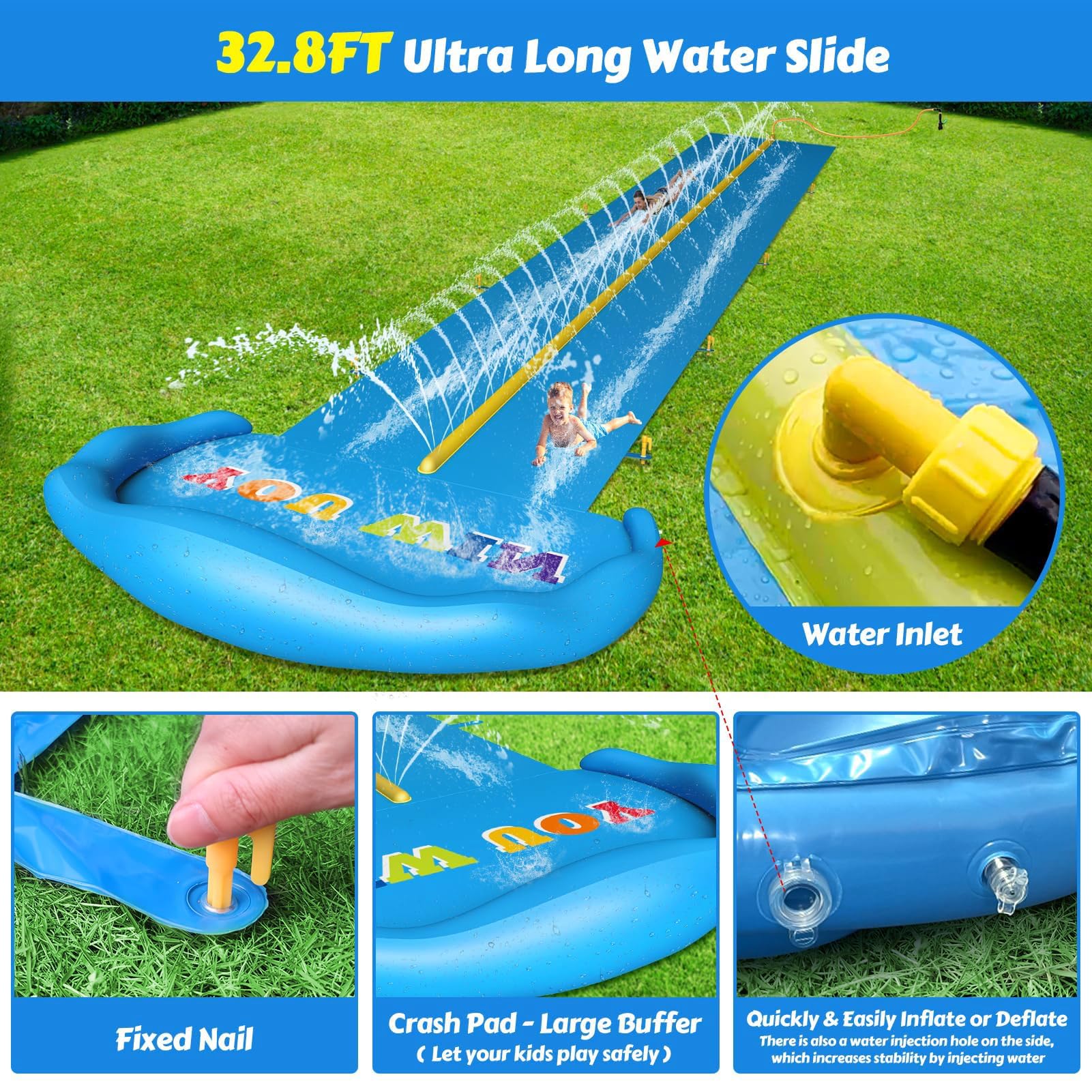 Evoio Tobogán acuático inflable de 32.8 pies con 2 carriles de carreras para niños, niñas y adultos, tobogán de agua, juguetes acuáticos al aire libre para patio trasero y jardín