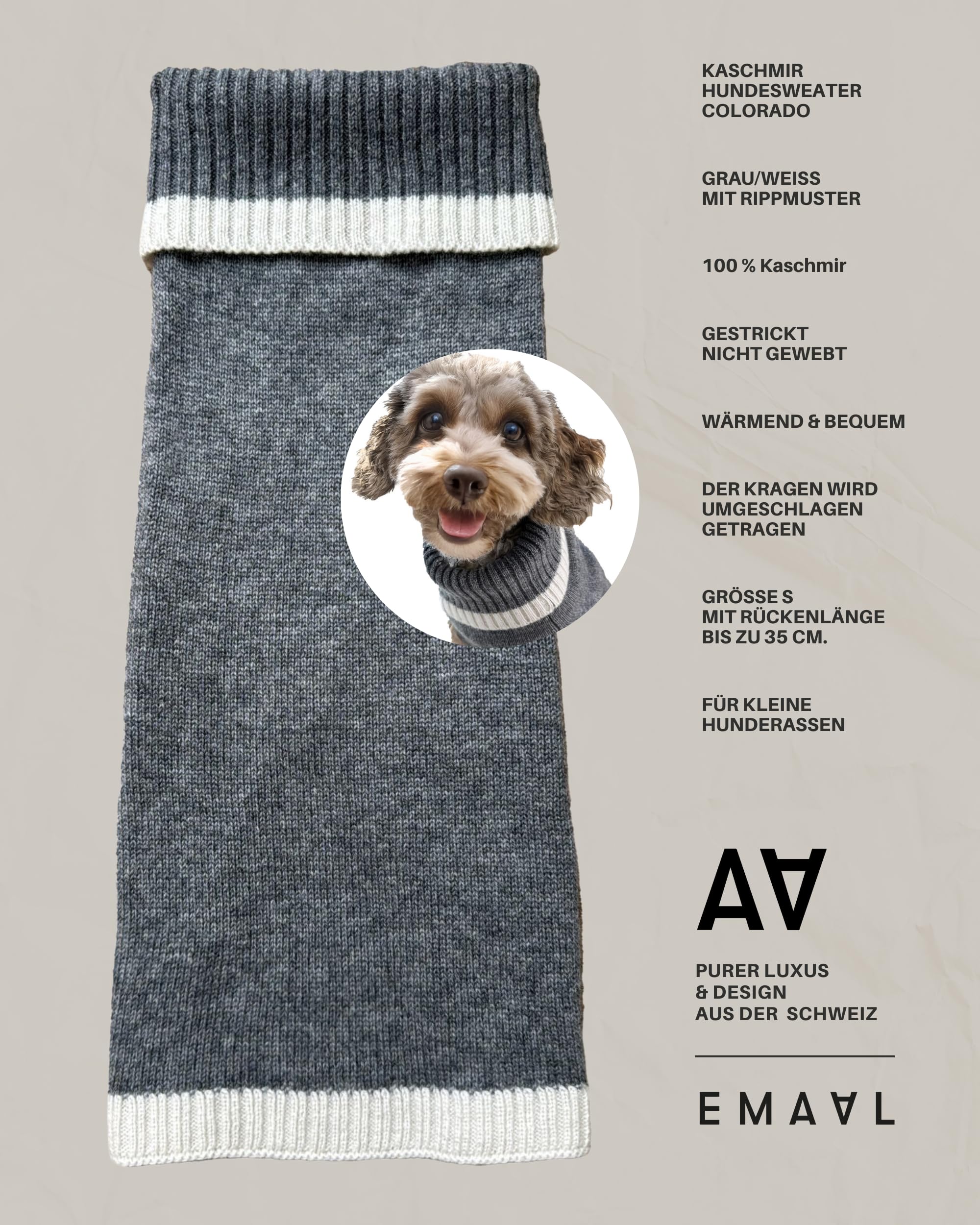 EMAAL 100% Kaschmir Hundesweater Colorado, Grau, Weiss, Gestrickt, für kleine Hunde bis 35 cm Rückenlänge, warm, bequem, für jedes Fell, für kühle Spaziergänge oder gemütliche Abende zu Hause