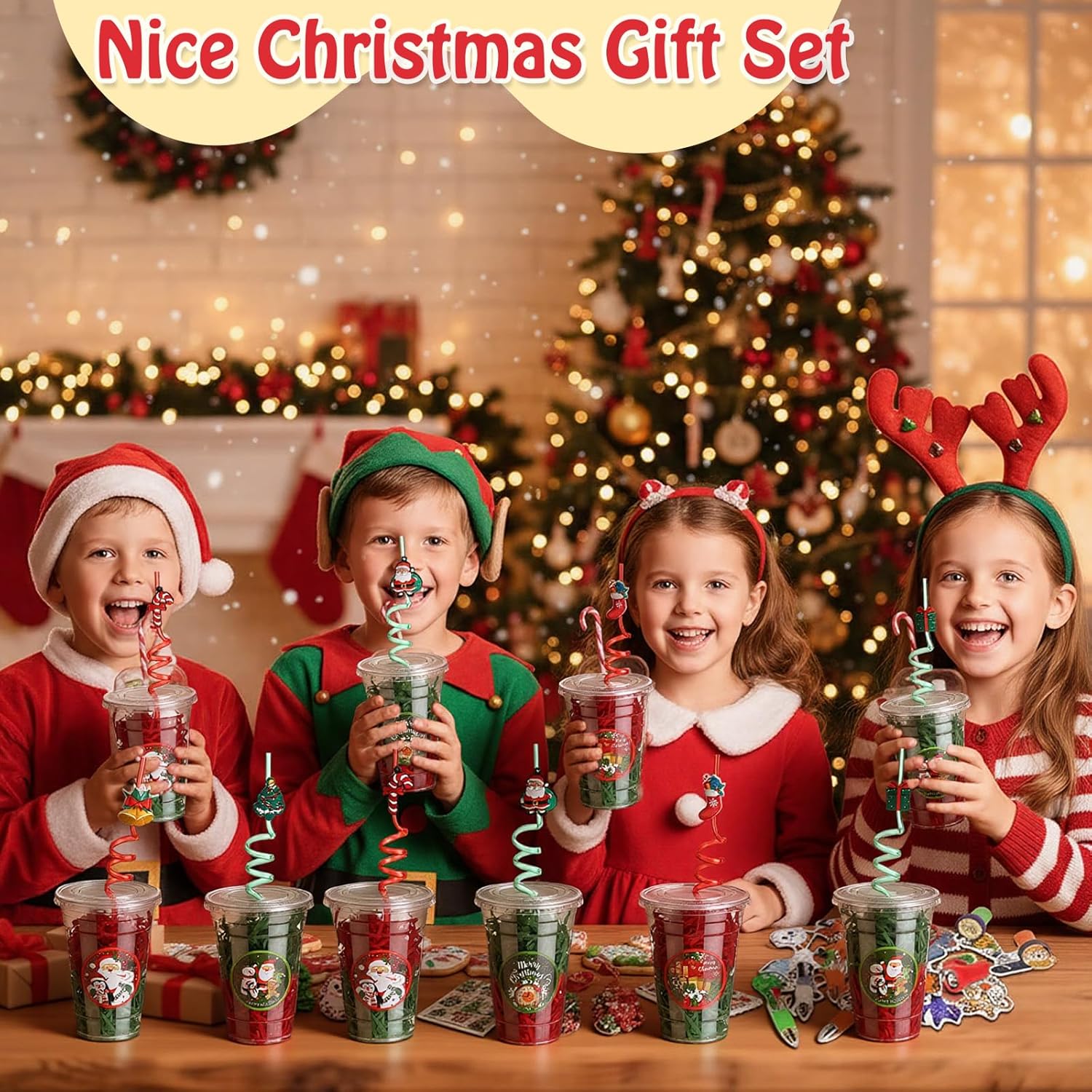 Vesici 124 Pcs Christmas Plastic Cups Bulk with Lids Straws Stickers Raffia Snowman Santa Claus Plastic Cups Xmas Disposable Clear Mugs Party Favor Holiday Birthday Wedding Party Supplies, 24 Sets - Image 3