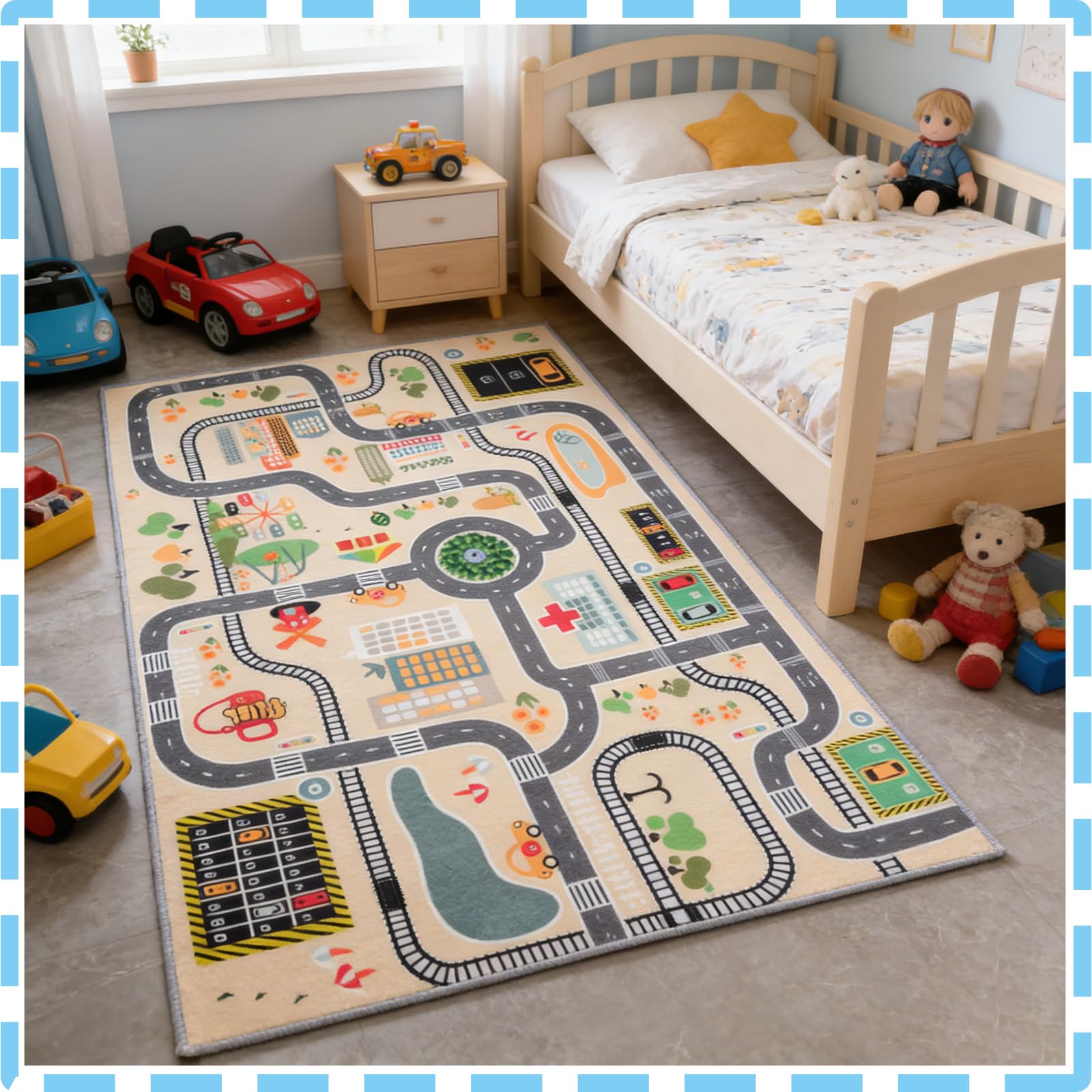 Kinderspielmatte Stadtstraßen-Teppich, Rutschfester Stadtplan, weicher Premium-Filz, strapazierfähiger und schmutzabweisender Florteppich für Kleinkinder, Indoor-Spielzimmer, Kinderzimmer
