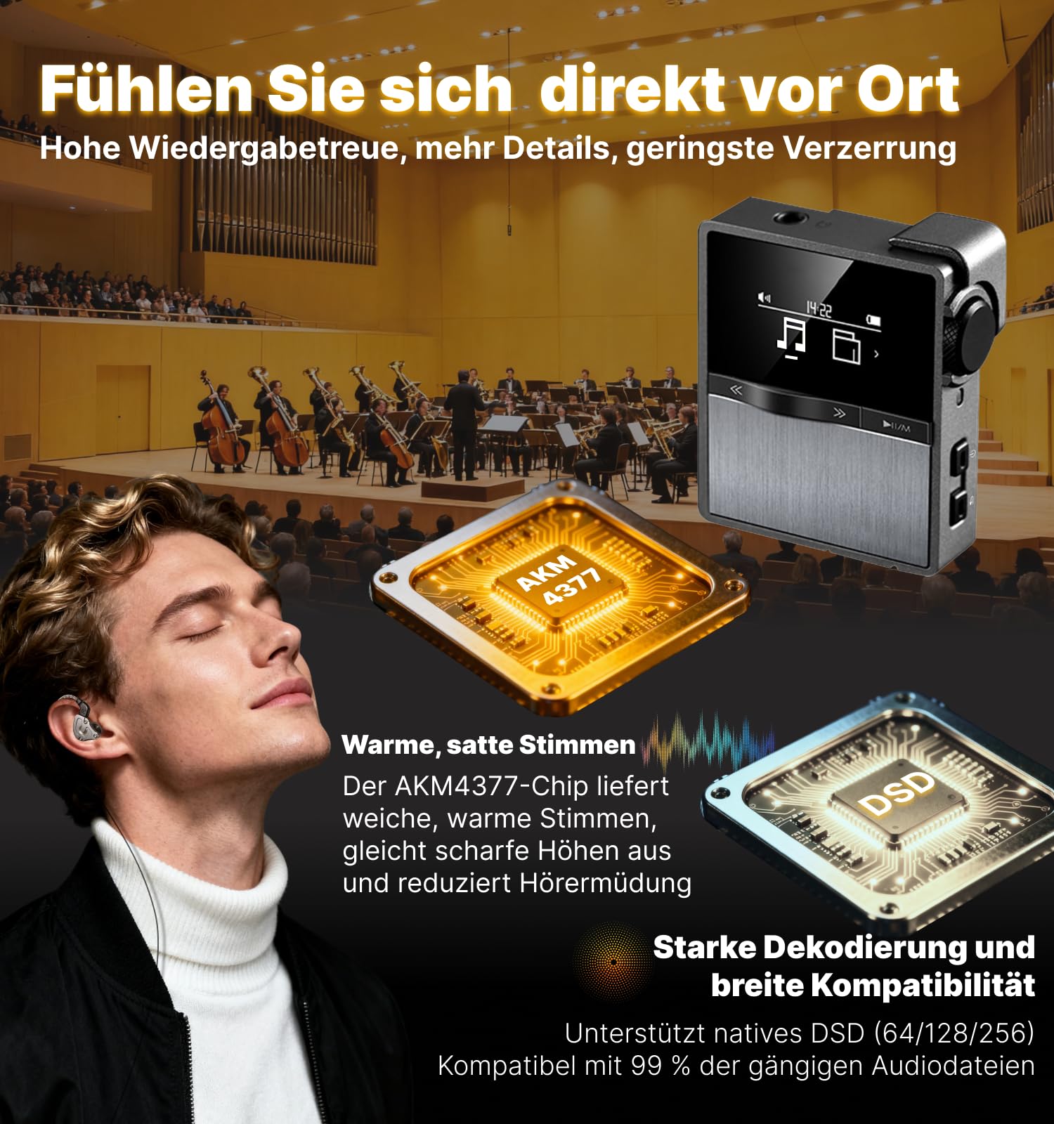 Hmusic P68 HiFi-MP3-Player mit Clip, verlustfreier DSD-Musik-Player | Hoher Auflösung, Bluetooth, tragbarer Hi-Res-Audio-Player mit 16 GB Speicherkarte, unterstützt bis zu 128GB HiFi-Musik-Player