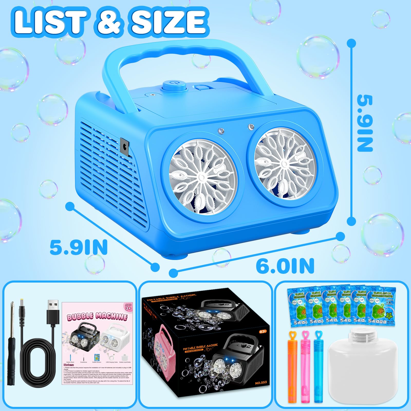Maquina Burbujas, Más de 22.000 Burbujas por Minuto, Bubble Machine Automatico, Portátil Maquina de Burbujas para Niños Juguetes Regalos para Cumpleaños Fiestas Boda Exteriores (Azul)