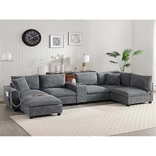 140" Sectional Cloud Couch with Movable Storage Ottoman and Console, U Shaped Modular Sofa with Storage Pockets, USB Ports & Cup Holder, Upholstered Corduroy Couch for Living Room,Gray