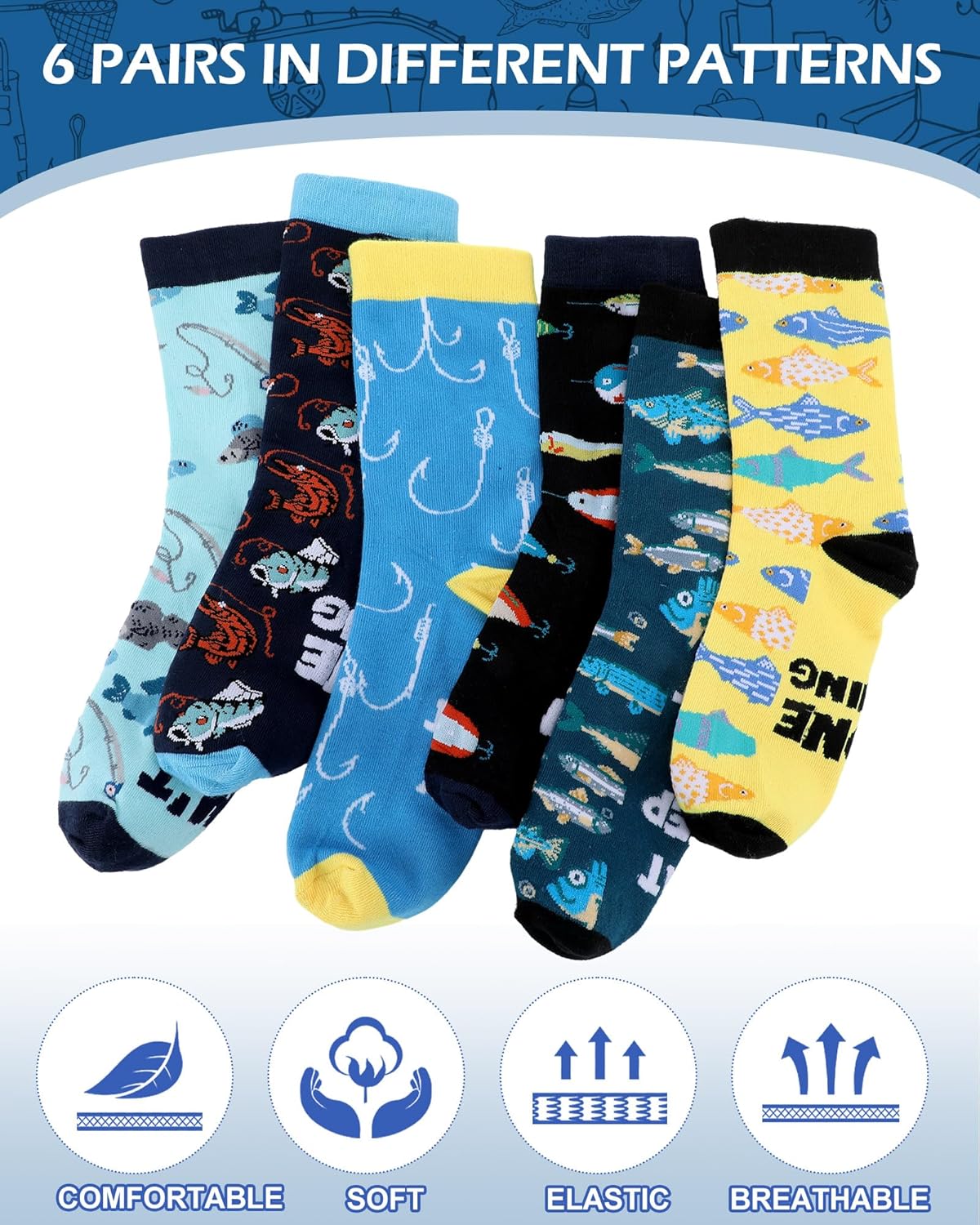 Eurzom 6 Pairs Novelty Fishing Socks for Men Funny Fish Theme Crew Socks Birthday Valentine Gifts for Fisherman Fishing Lover - Image 3