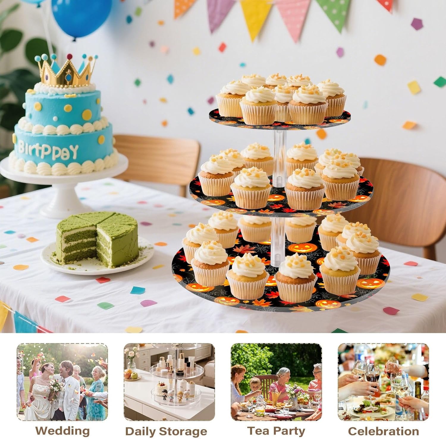 Pumpkin Spiderweb Maple Leaves Halloween 3 Tier Acrylic Cupcake Stand, Cupcake Stand for 34 Cupcakes for Weddings,Christmas,Holidays,Parties,Birthday,Printed Cupcake Tower 23301023