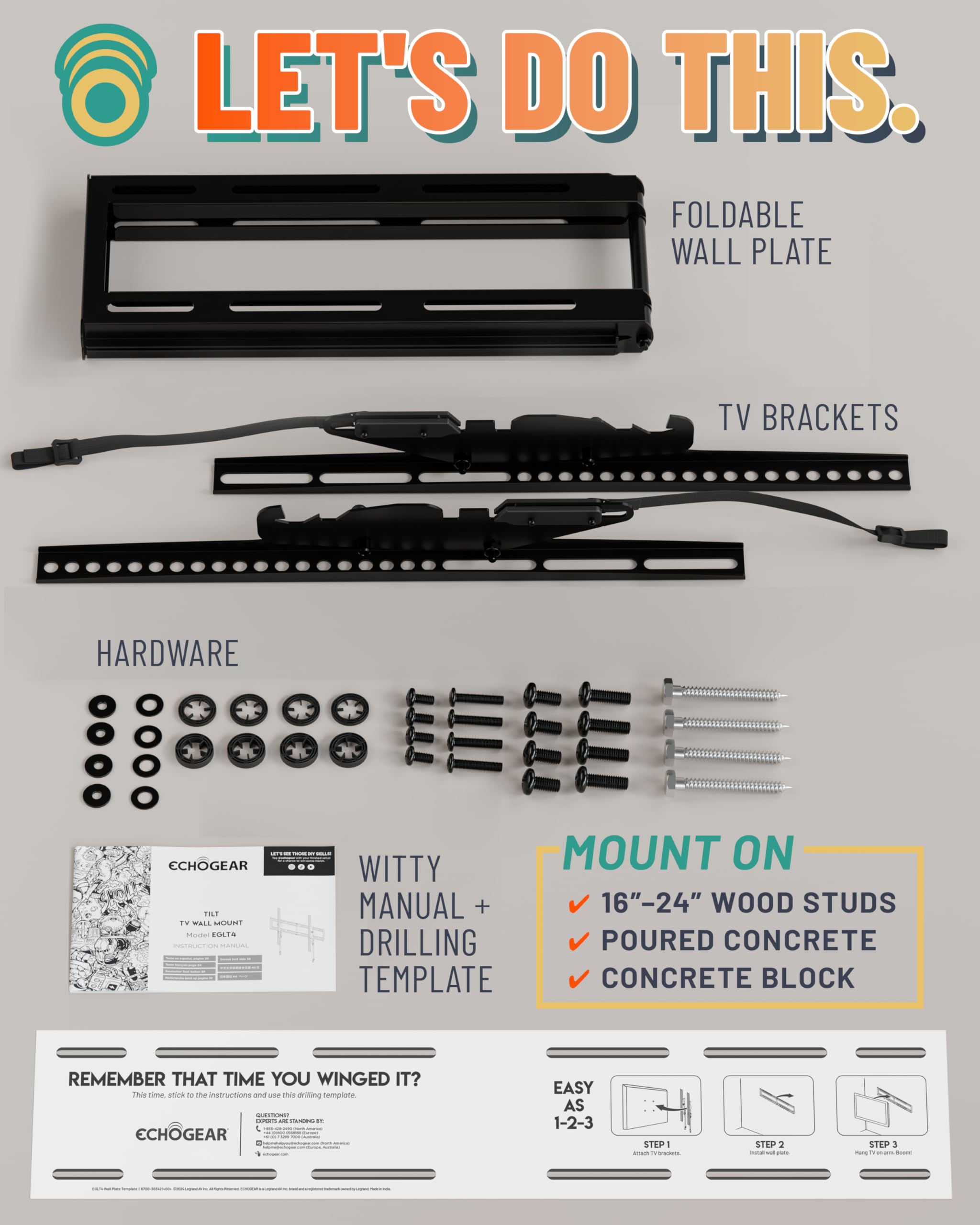 ECHGOGEAR XL Tilting TV Wall Mount for 42” to 95” TVs up to 130lbs – Reduce Glare w/ 10 deg Tilt - Universal TV Mount w/Easy DIY Install, Foldable Bracket, Drilling Template & Included Hardware