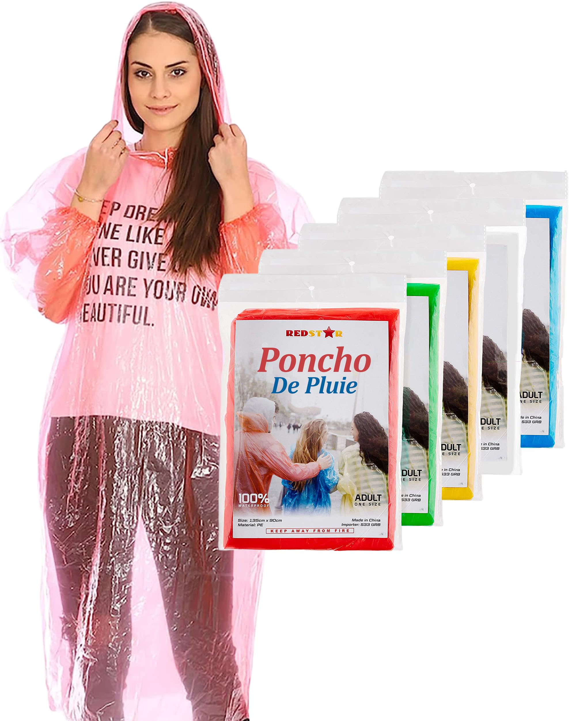 REDSTAR Waterproof Rain Ponchos Family Pack - Disposable Rain Poncho Adult Waterproof Raincoat Women and Men - Emergency Raincoat Travel and Festival Accessories - Multicolour