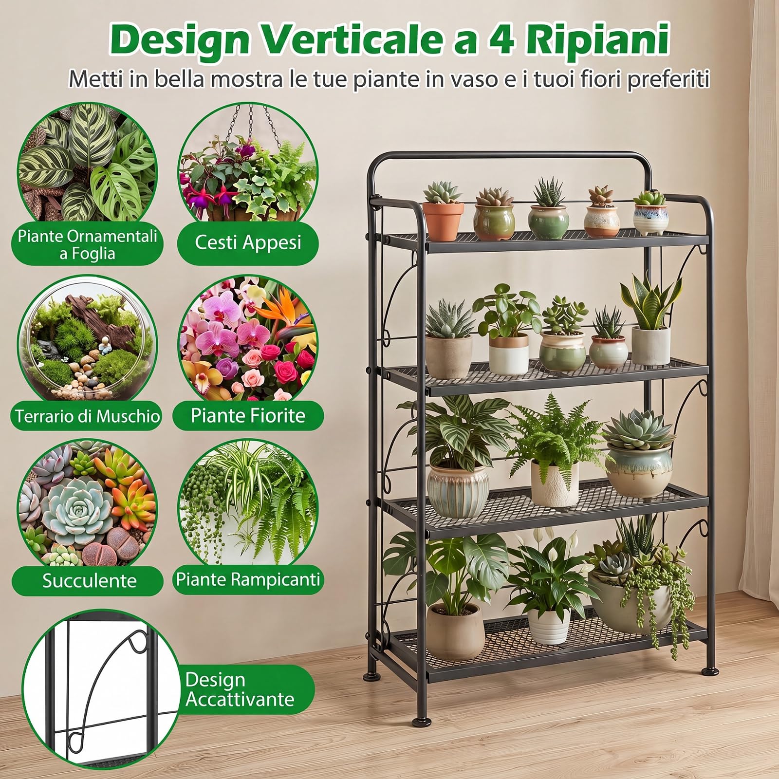 COSTWAY Scaffale Portafiori in Metallo, Scaffale per Piante Verticale con 4 Ripiani Pieghevoli, Espositore Multiuso da Interno ed Esterno, per Giardino, Terrazza e Balcone, 60 x 25 x 100 cm