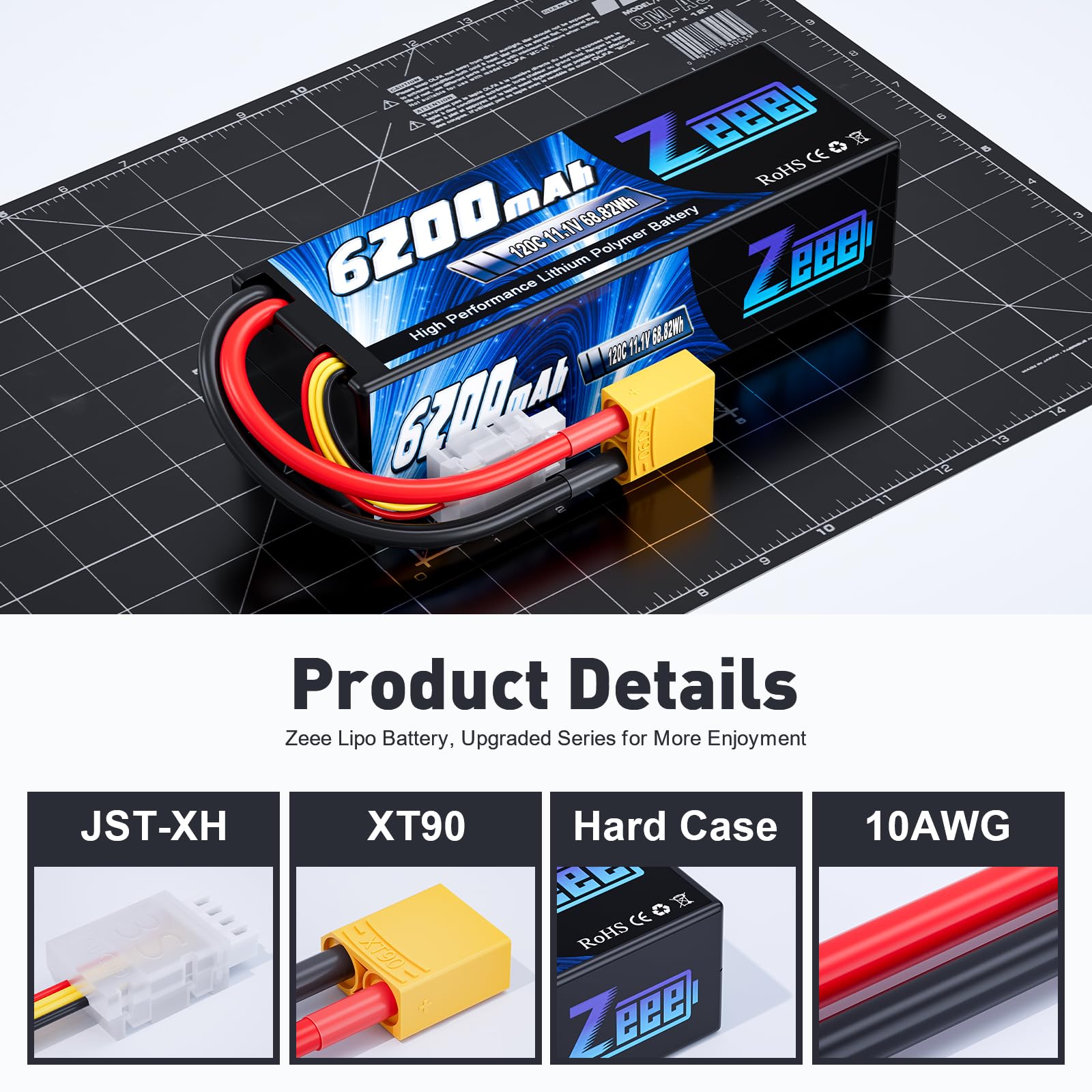 Zeee 3S Lipo Akku 11,1V 120C 6200mAh mit XT90 Stecker Hardcase RC-Akku für Fahrzeuge im Maßstab 1/8 1/10, RC-Autos, Tanklastwagen, Rennmodelle (2Pack)