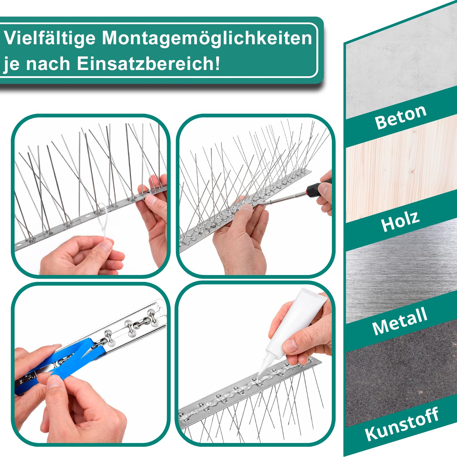 PRIOstahl Taubenabwehr Vogelabwehr 5-reihig 10 Meter (10 x 100cm) vormontierte & einsatzbereite Spikes inkl. Kabelbinder Profi Vogelschreck für Tauben & kleine Vögel wetterbeständig aus Edelstahl V2A