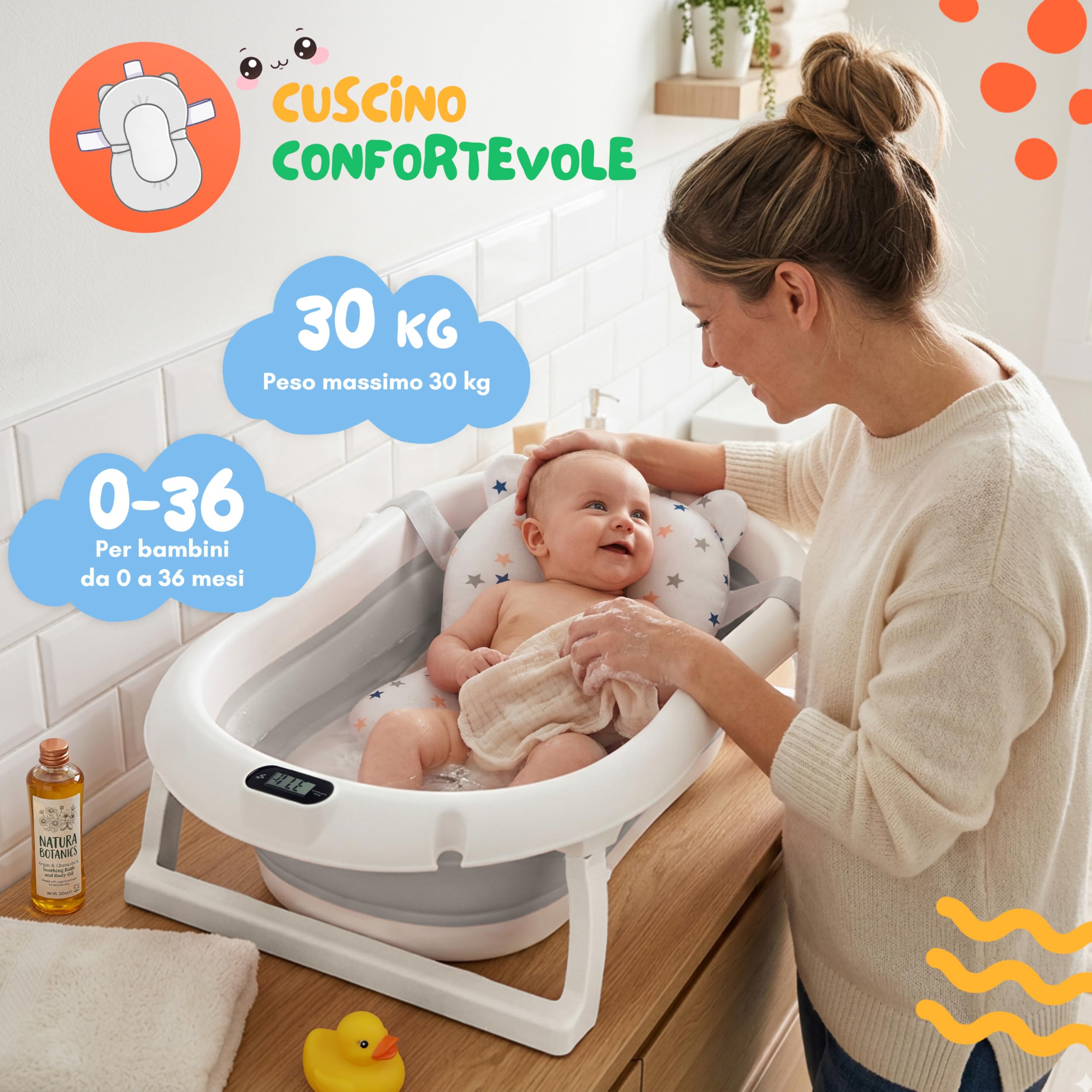 Vasca Neonato Bagnetto Fino a 3kg - Pieghevole Vasca da Bagno Bambini Fino a 3 anni - con un Comodo Cuscino Stabilizzante - Bagno Piacevole Senza Problemi