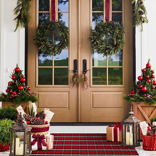 Miniatura 3 de Alfombra de lana cuadriculada de 35 x 59 pulgadas, de algodón navideño, lavable a máquina, para entrada al aire libre, para interiores, porche,