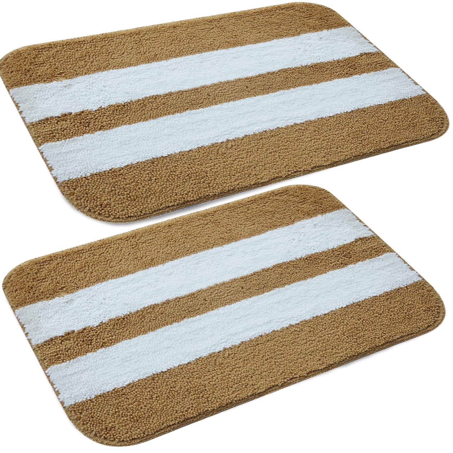 YAMUNGA Fab Set of 2 Piece mats with Anti Skid Rubber Backing,Colour Beige with White Strip Set of 2 (40 x 60 cm)
