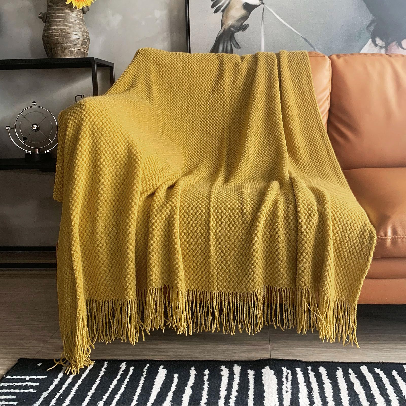 LOMAO Knitted Throw Blanket with Tassels Bubble Textured Lightweight Throws for Couch Cover Home Decor (Mustard Yellow, 50x60)